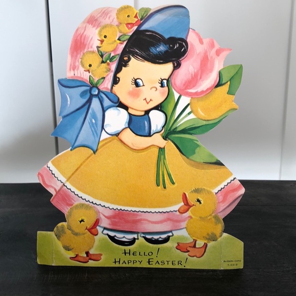 Vintage Other - Vintage Easter Card Little Girl with Chicks Fuzzy Felt Details 1940’s